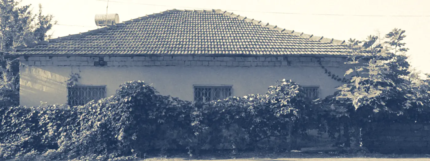 Casa antigua de techo de tejas con muros cubiertos de enredadera, en duotono azul